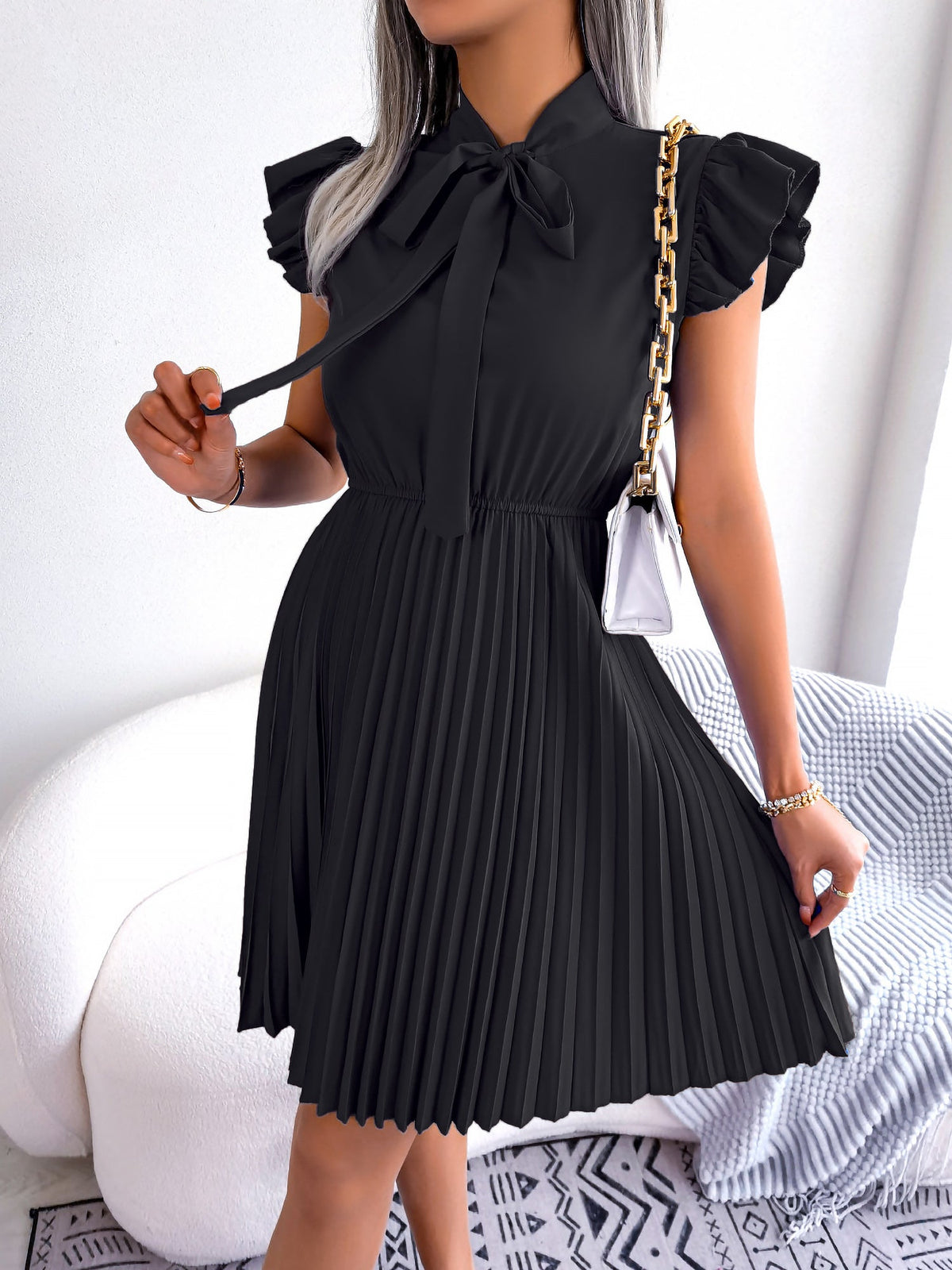 Wrinkle-Resistant Chiffon Bow Tie Neck Ruffled Sleeves Pleated Midi Dress