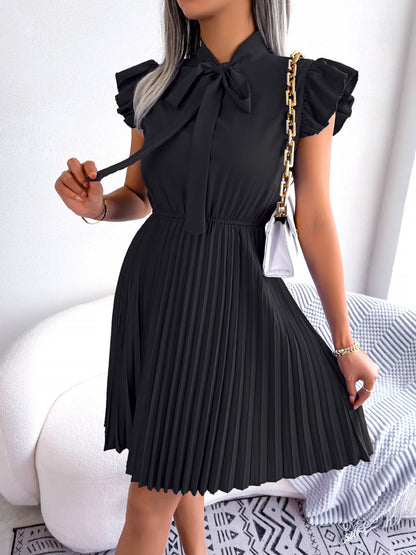 Wrinkle-Resistant Chiffon Bow Tie Neck Ruffled Sleeves Pleated Midi Dress