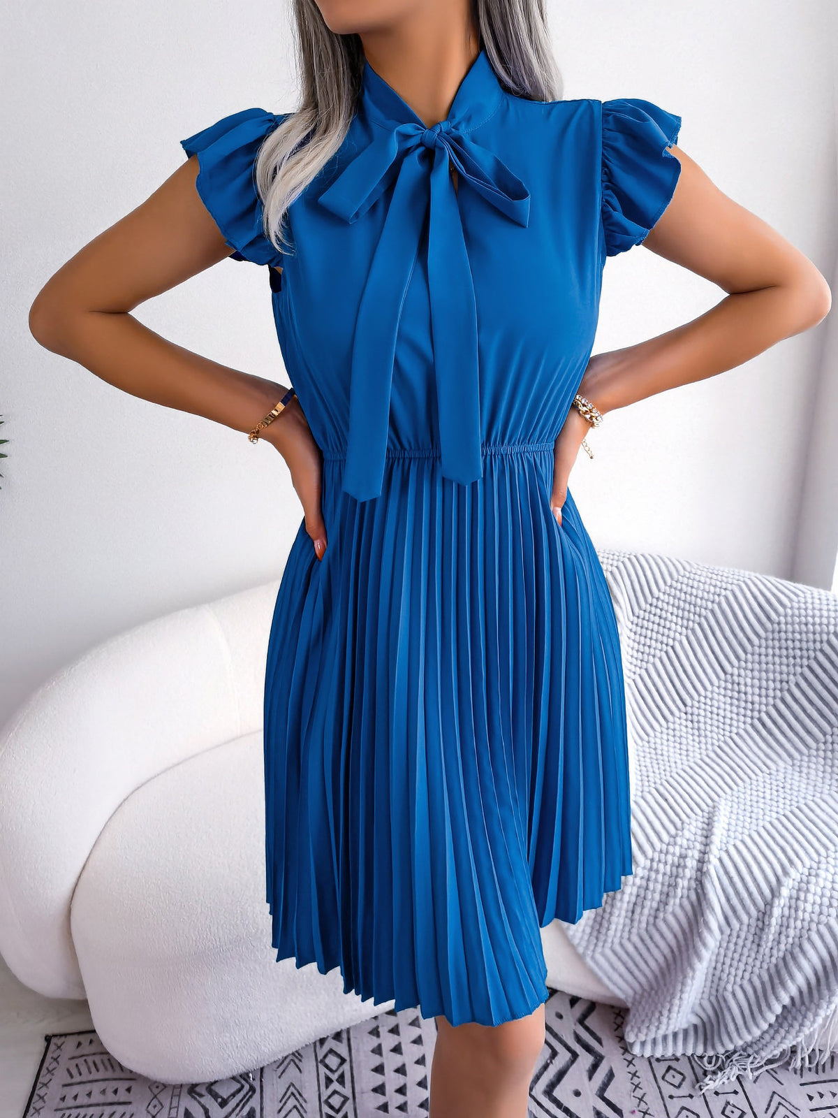Wrinkle-Resistant Chiffon Bow Tie Neck Ruffled Sleeves Pleated Midi Dress
