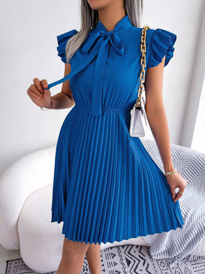 Wrinkle-Resistant Chiffon Bow Tie Neck Ruffled Sleeves Pleated Midi Dress