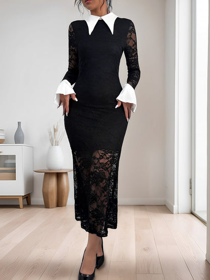 Lace Colorblock Long Sleeves Bodycon Maxi Dress