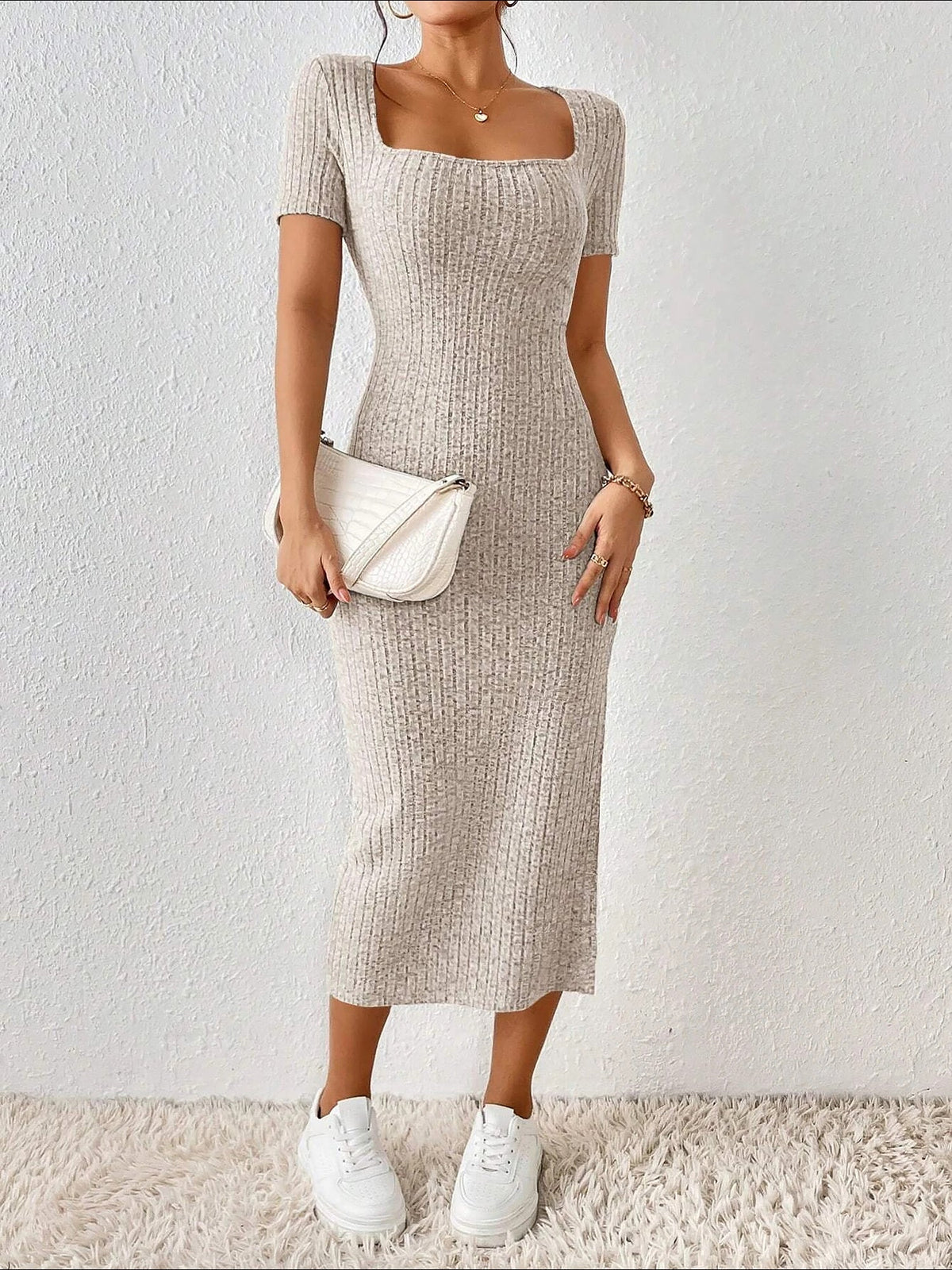 Square Neck Solid Color Bodycon Slit Midi Dress