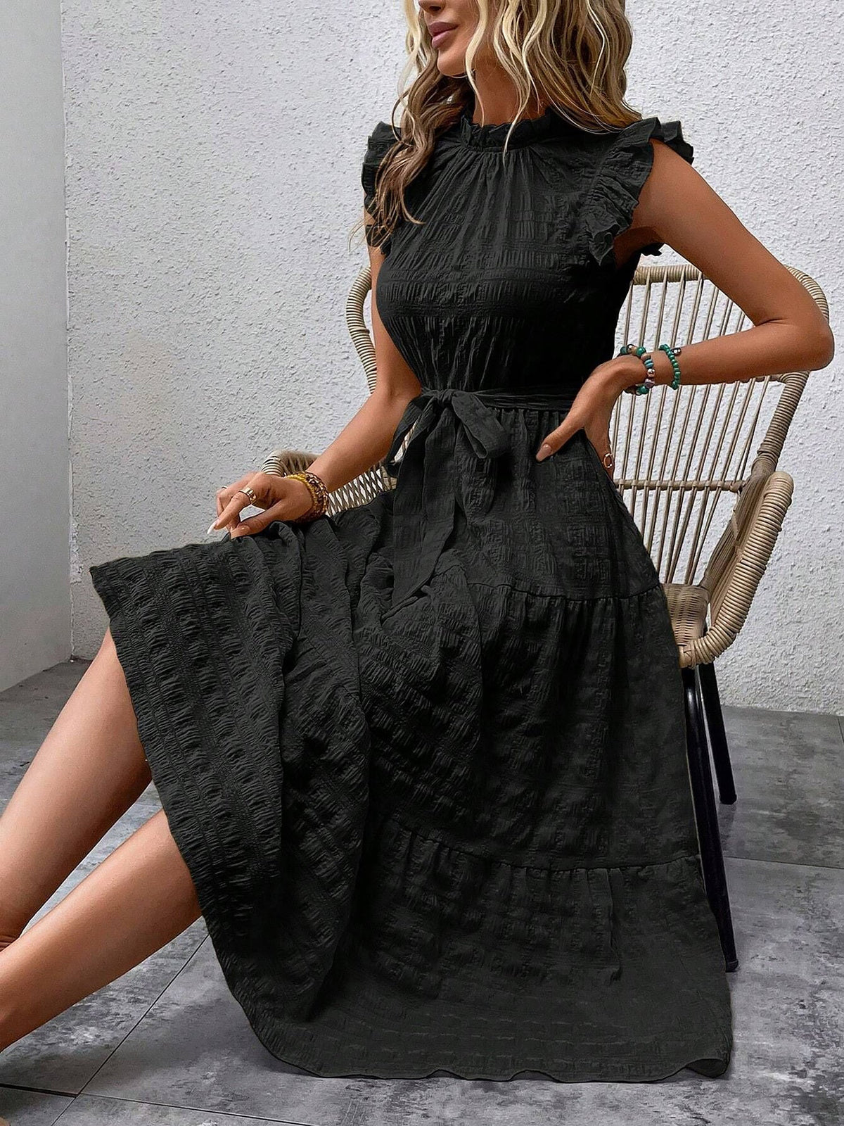 Ruffled Cap Sleeves Lace-Up Textured Tiered Dress