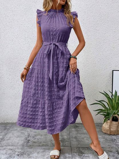 Ruffled Cap Sleeves Lace-Up Textured Tiered Dress
