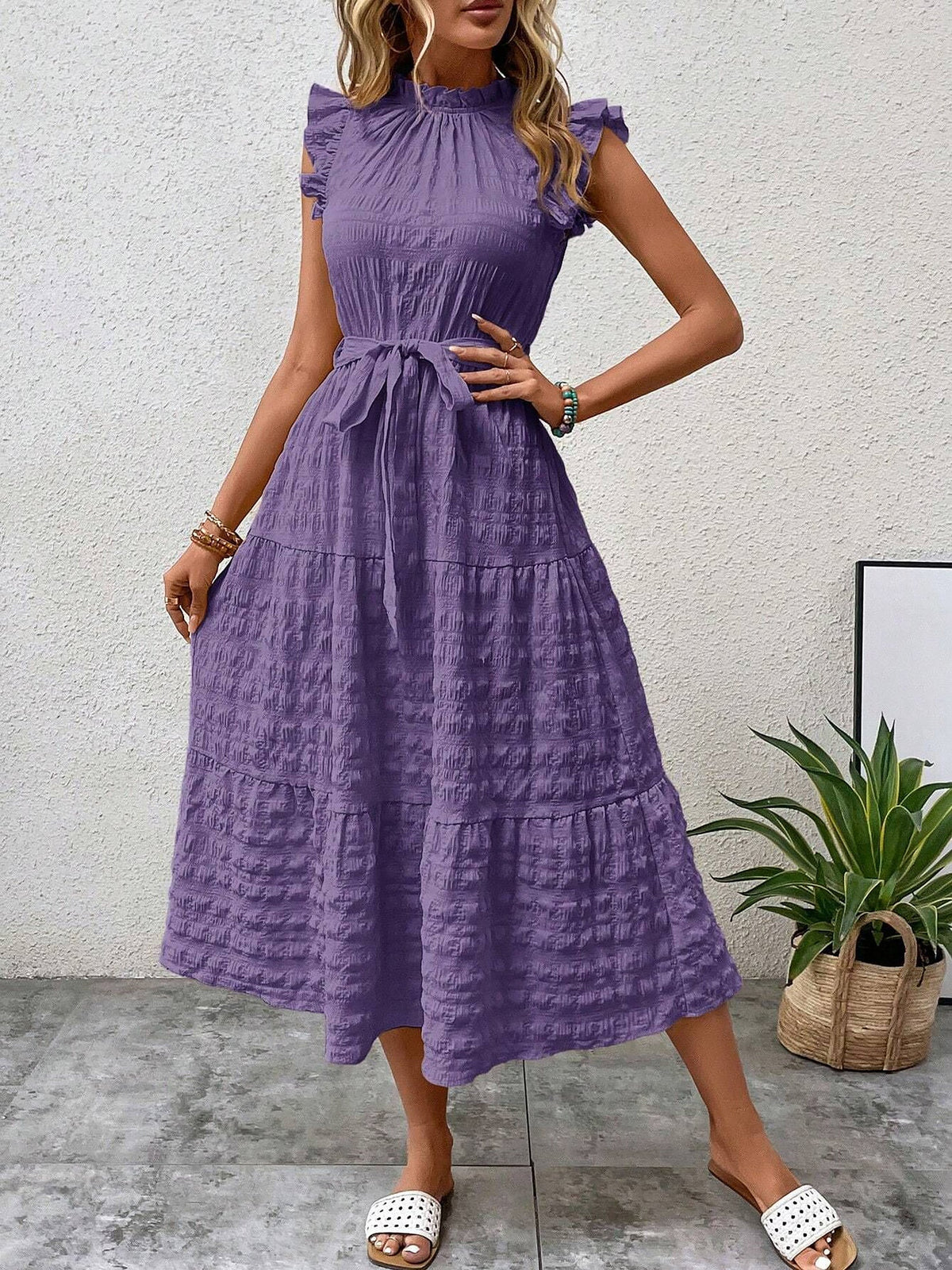 Ruffled Cap Sleeves Lace-Up Textured Tiered Dress
