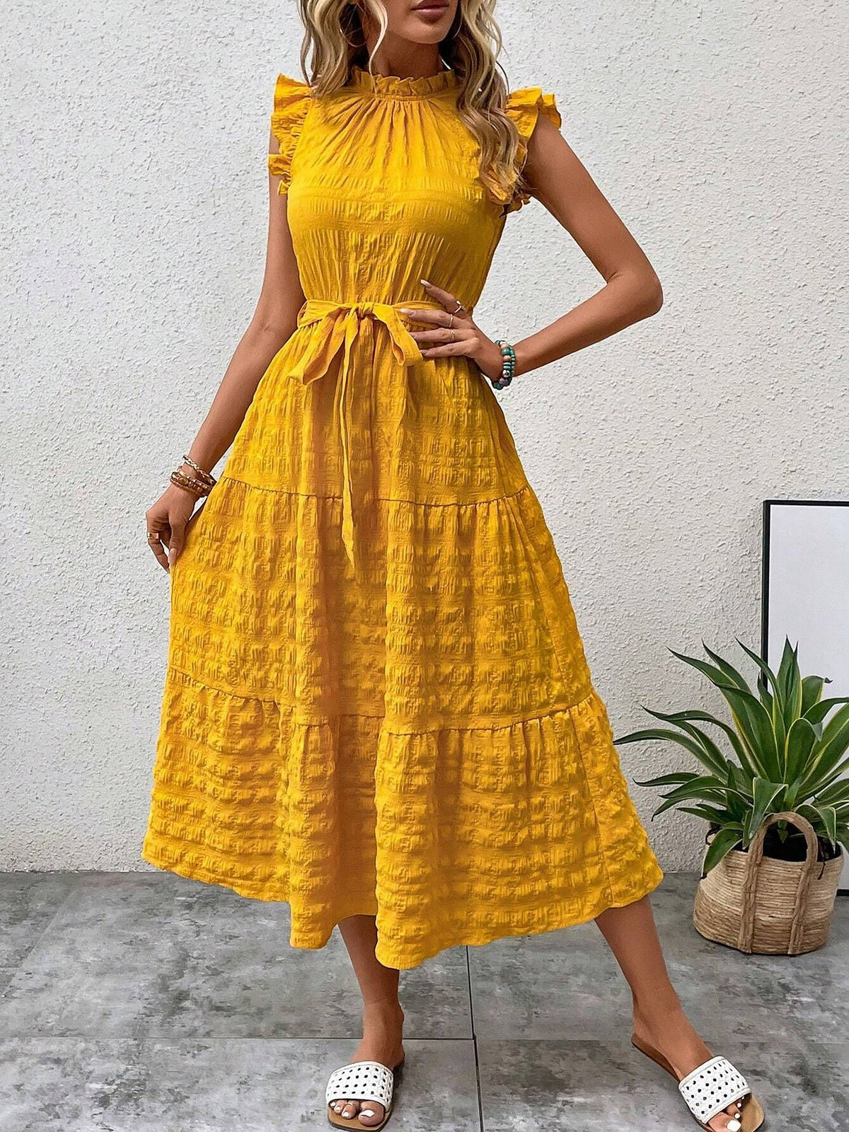 Ruffled Cap Sleeves Lace-Up Textured Tiered Dress