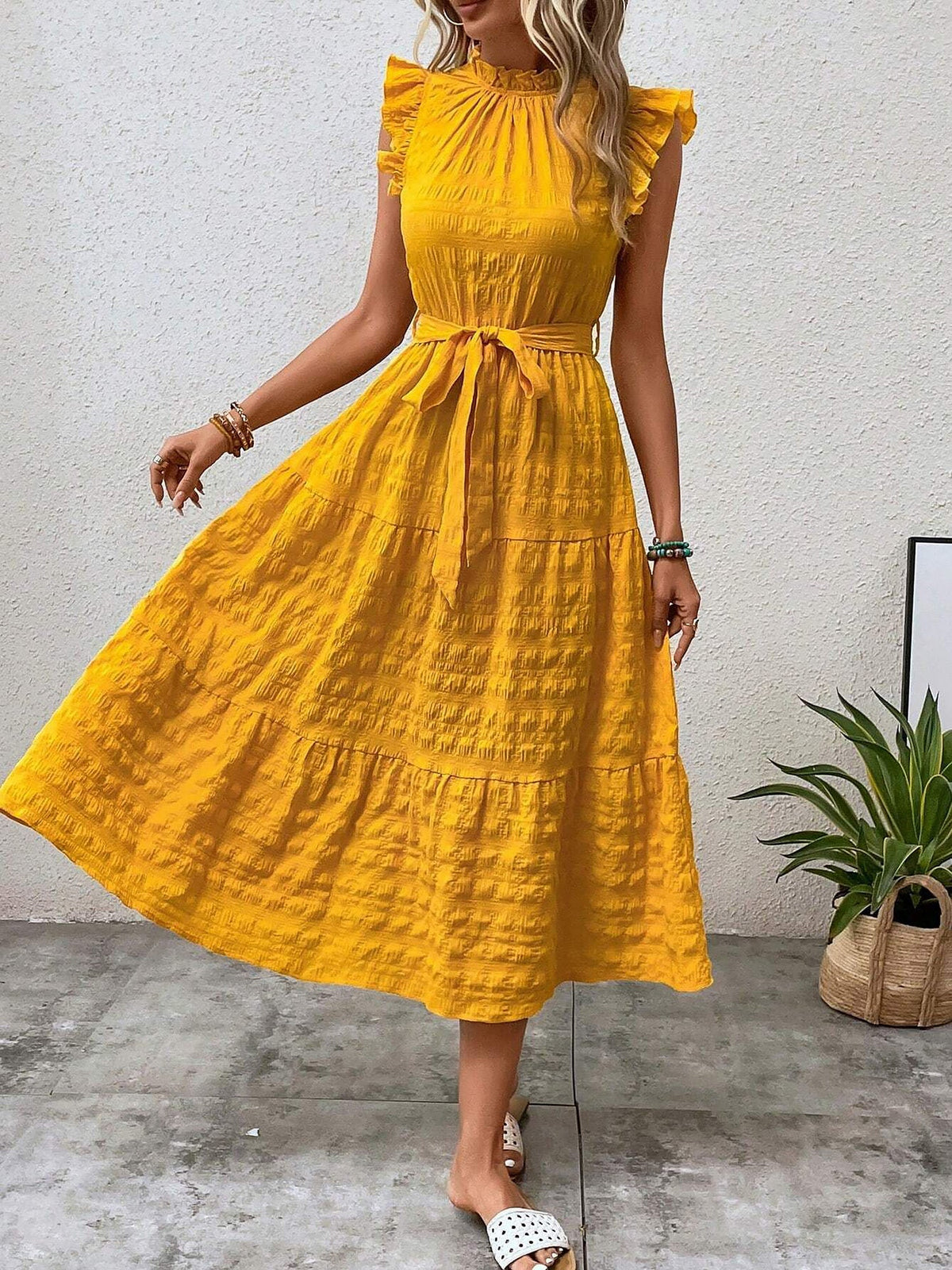 Ruffled Cap Sleeves Lace-Up Textured Tiered Dress