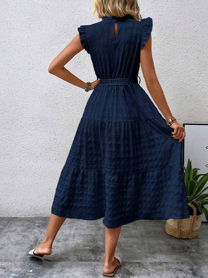 Ruffled Cap Sleeves Lace-Up Textured Tiered Dress