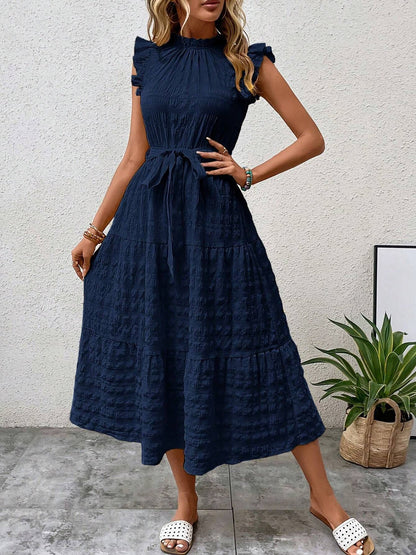 Ruffled Cap Sleeves Lace-Up Textured Tiered Dress