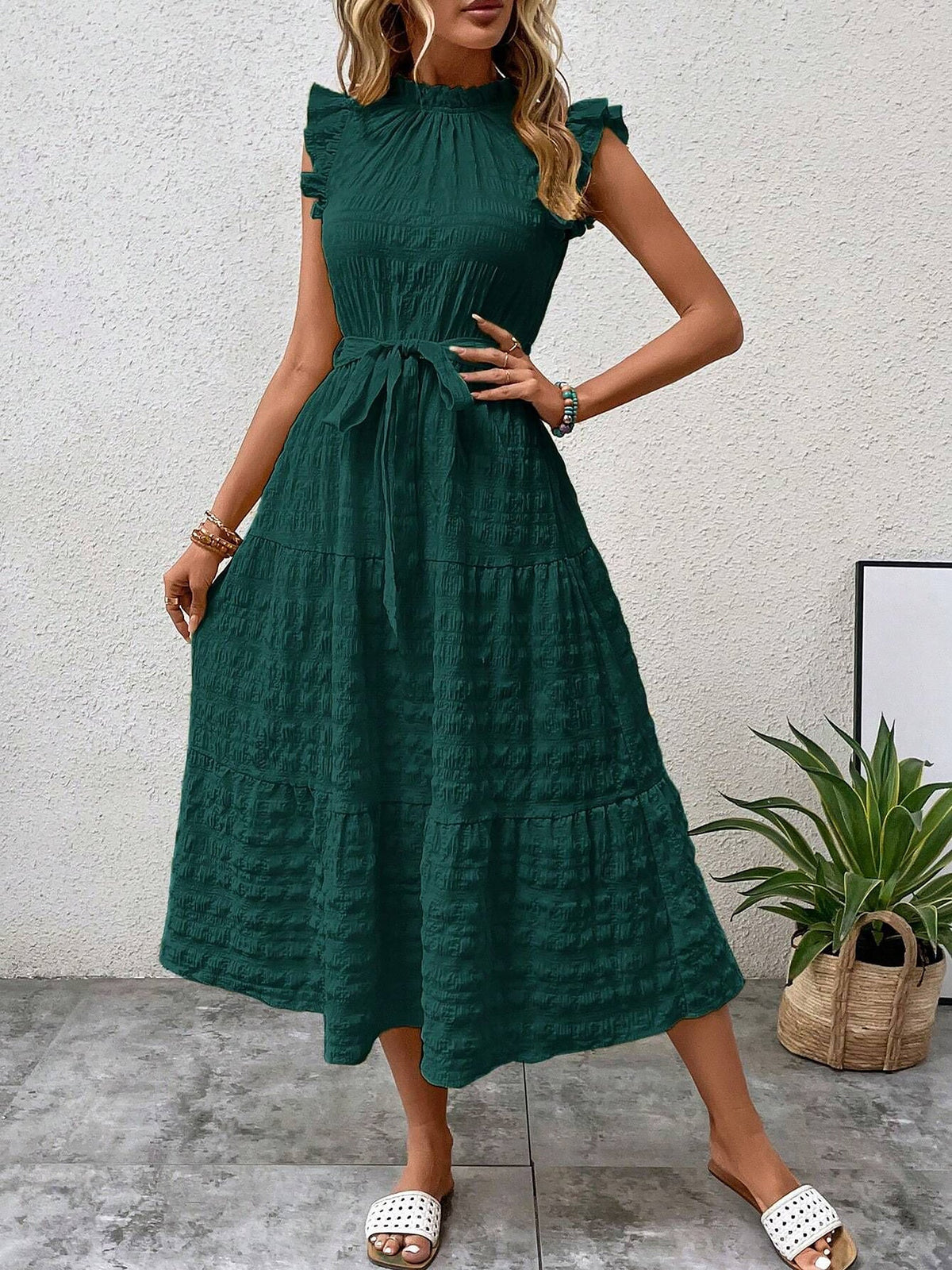 Ruffled Cap Sleeves Lace-Up Textured Tiered Dress