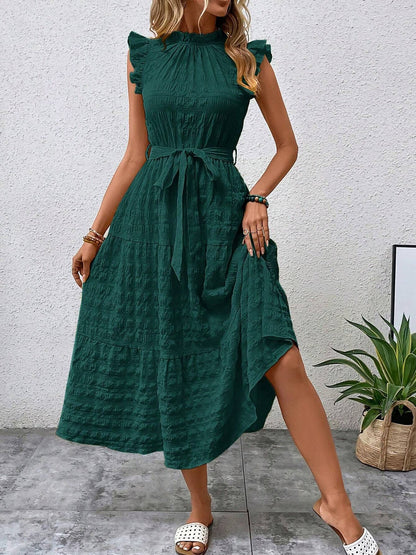 Ruffled Cap Sleeves Lace-Up Textured Tiered Dress