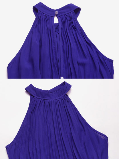 Halter Neck Sleeveless Pleated Wide Leg Jumpsuits