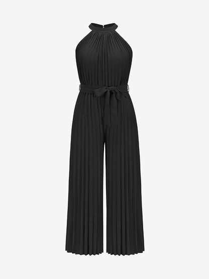 Halter Neck Sleeveless Pleated Wide Leg Jumpsuits