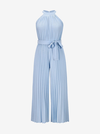 Halter Neck Sleeveless Pleated Wide Leg Jumpsuits