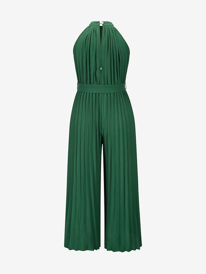 Halter Neck Sleeveless Pleated Wide Leg Jumpsuits