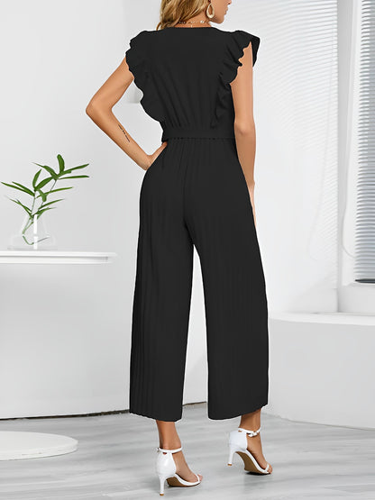 Elegant Ruffled Cap Sleeves High-Waist Pleats Belted Wide Leg Office Jumpsuits