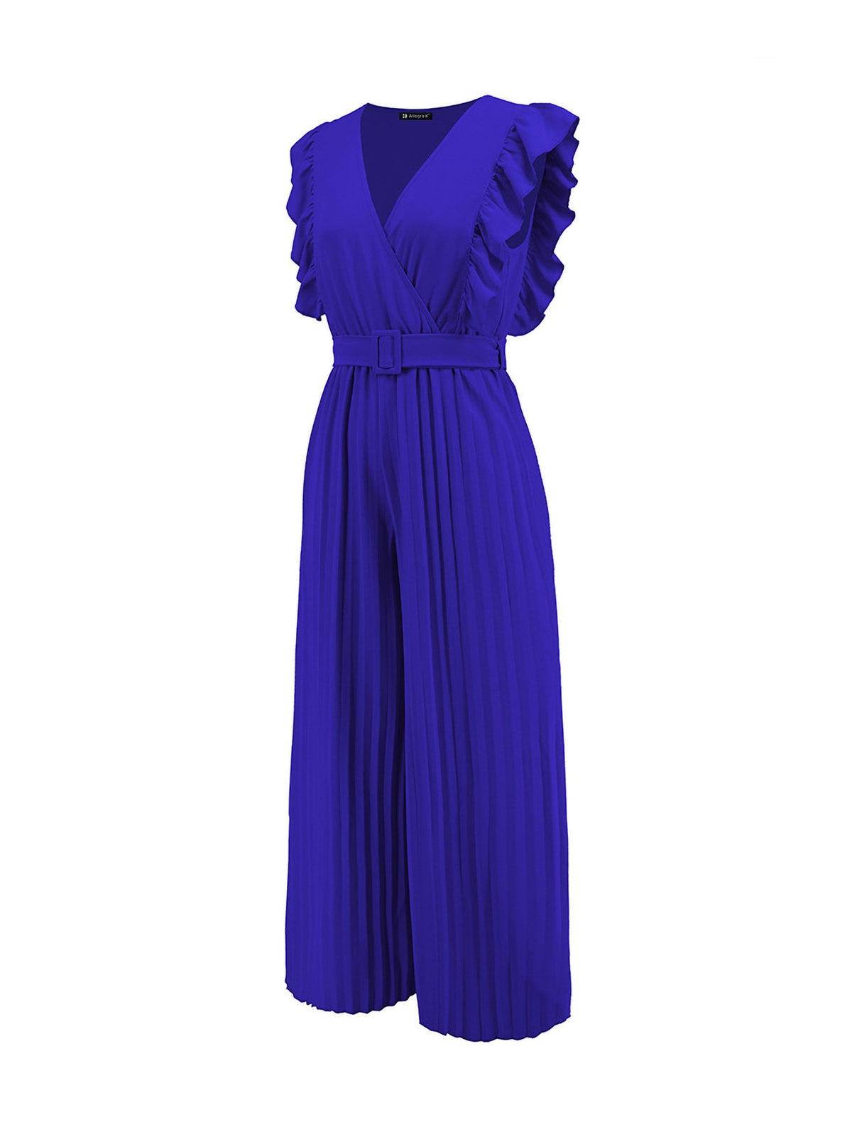 Elegant Ruffled Cap Sleeves High-Waist Pleats Belted Wide Leg Office Jumpsuits