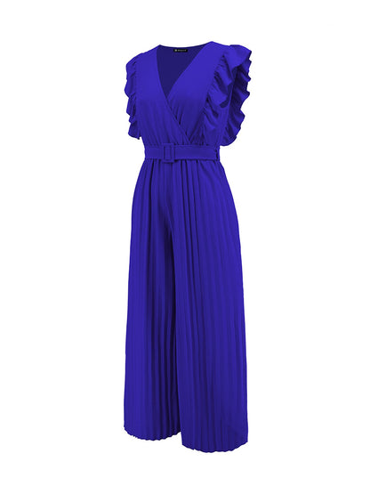 Elegant Ruffled Cap Sleeves High-Waist Pleats Belted Wide Leg Office Jumpsuits