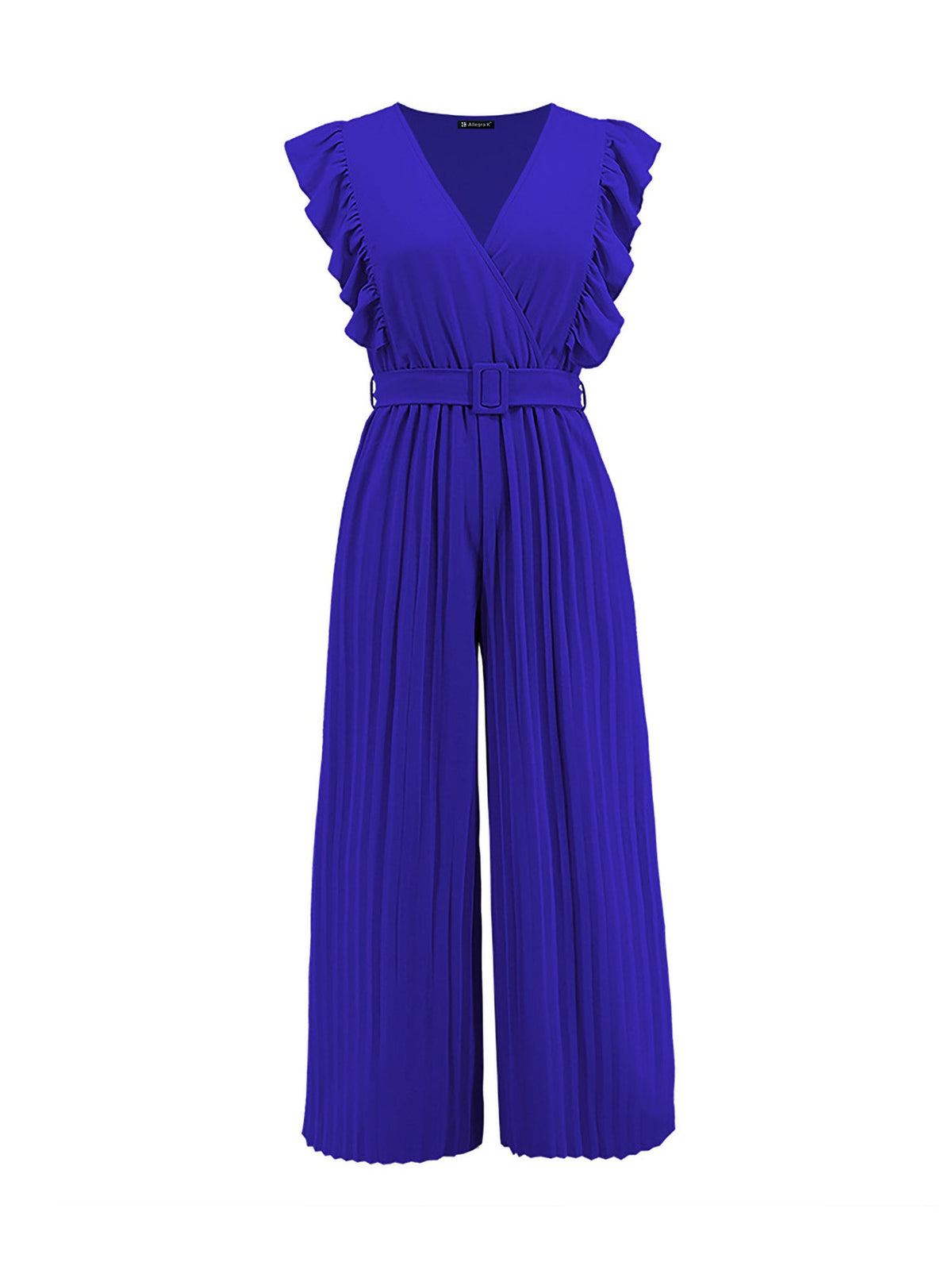 Elegant Ruffled Cap Sleeves High-Waist Pleats Belted Wide Leg Office Jumpsuits