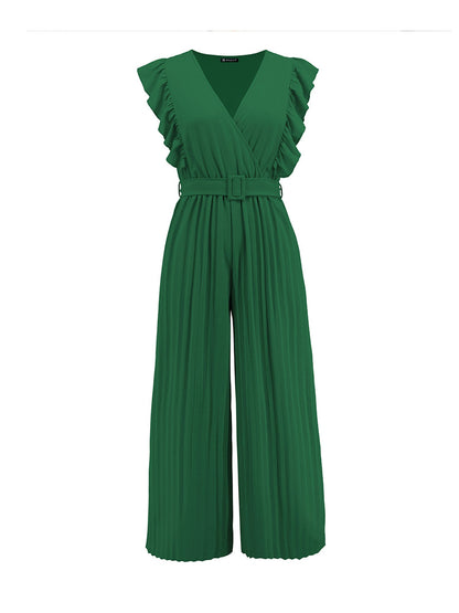 Elegant Ruffled Cap Sleeves High-Waist Pleats Belted Wide Leg Office Jumpsuits