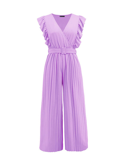 Elegant Ruffled Cap Sleeves High-Waist Pleats Belted Wide Leg Office Jumpsuits