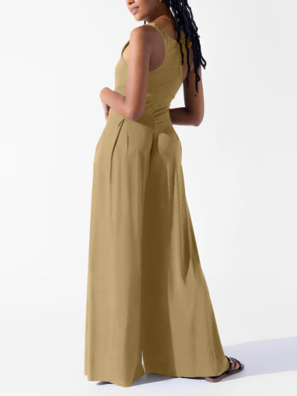Solid Color Square Neck Sleeveless Wide Leg Jumpsuits