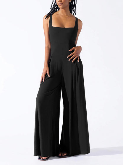 Solid Color Square Neck Sleeveless Wide Leg Jumpsuits