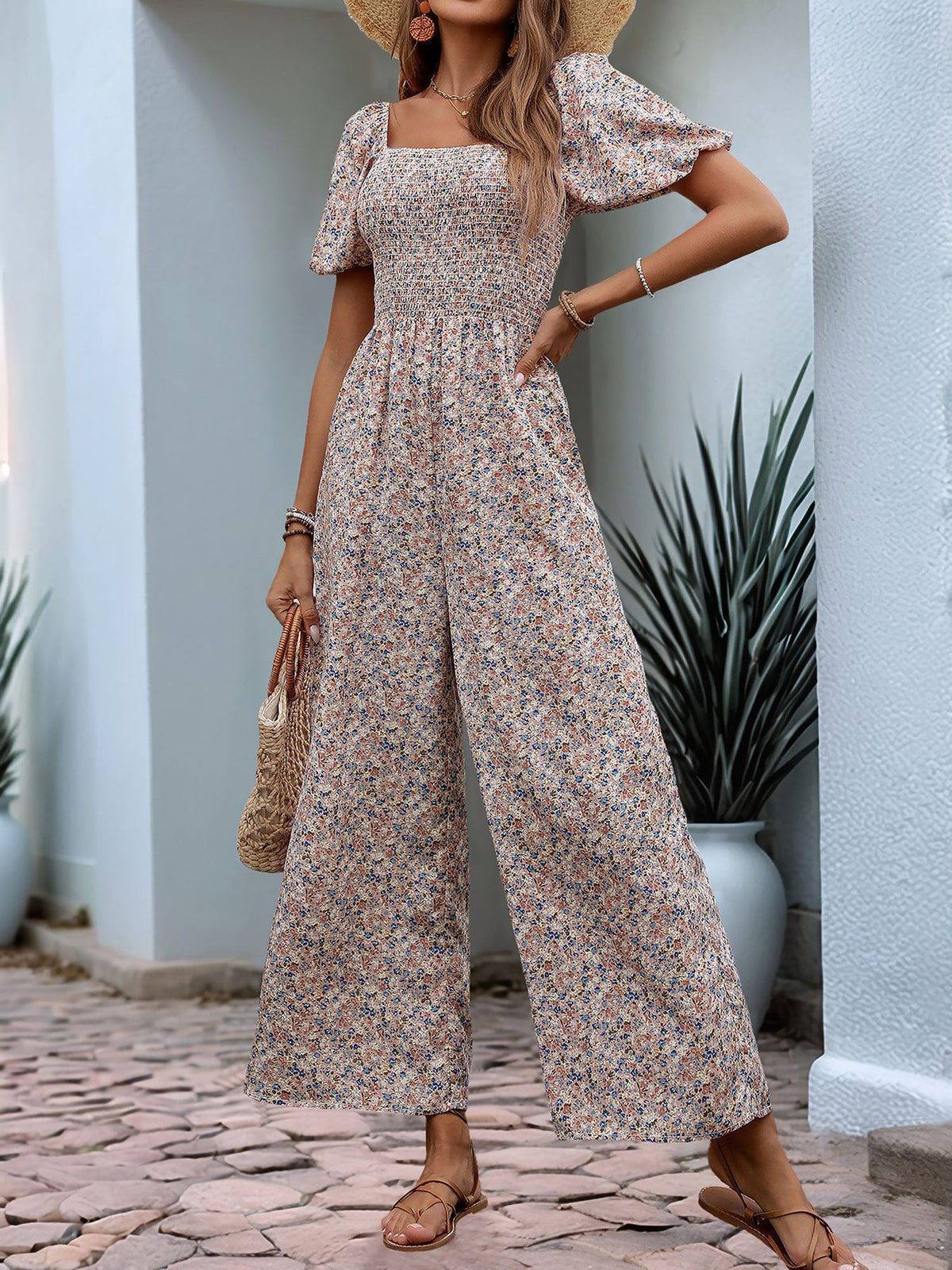Boho-Chic Square Neck Puff Sleeve Floral Wide Leg Beach Jumpsuits