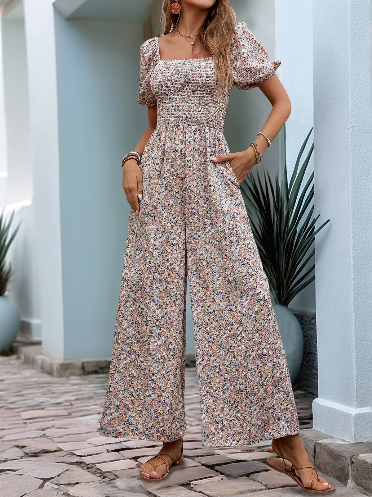 Boho-Chic Square Neck Puff Sleeve Floral Wide Leg Beach Jumpsuits