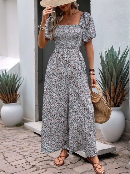 Boho-Chic Square Neck Puff Sleeve Floral Wide Leg Beach Jumpsuits