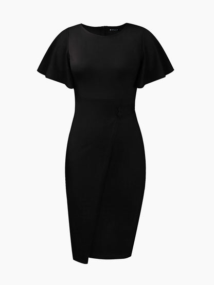 Elegant Flutter Ruffles Short Sleeves Solid Color Midi Slim Sheath Office Dress