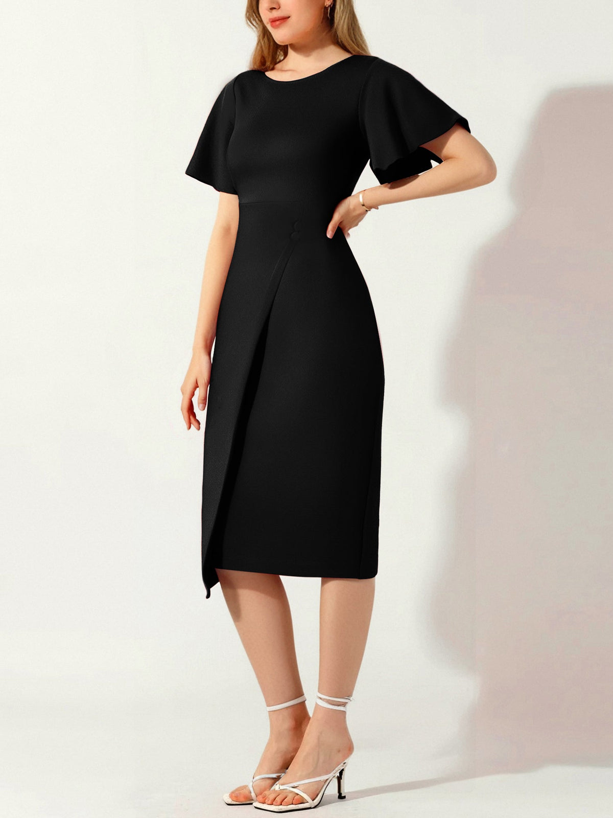 Elegant Flutter Ruffles Short Sleeves Solid Color Midi Slim Sheath Office Dress