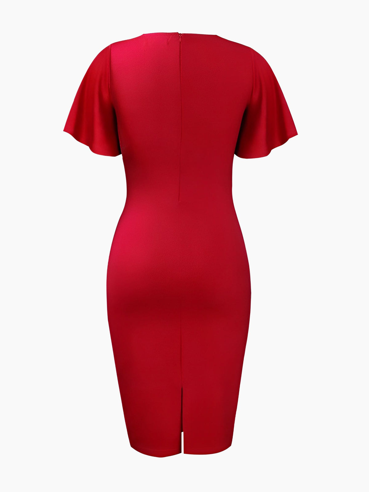 Elegant Flutter Ruffles Short Sleeves Solid Color Midi Slim Sheath Office Dress