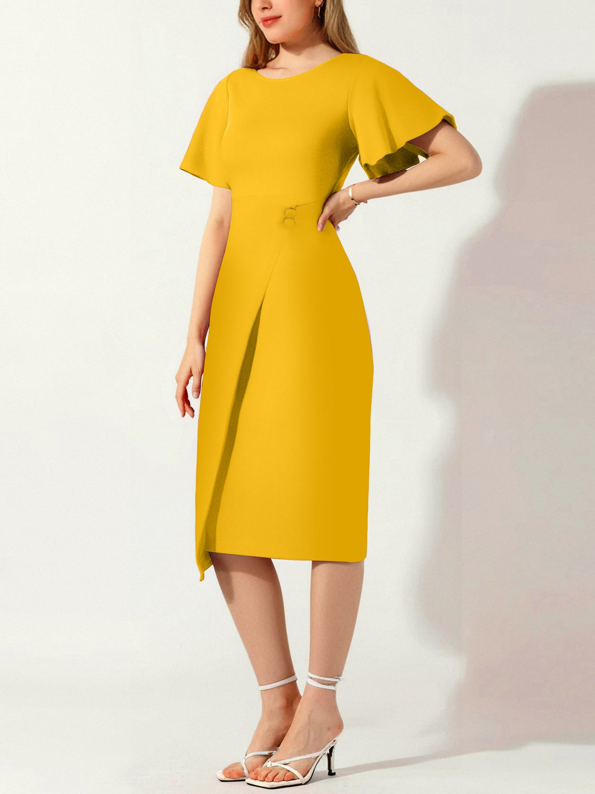 Elegant Flutter Ruffles Short Sleeves Solid Color Midi Slim Sheath Office Dress