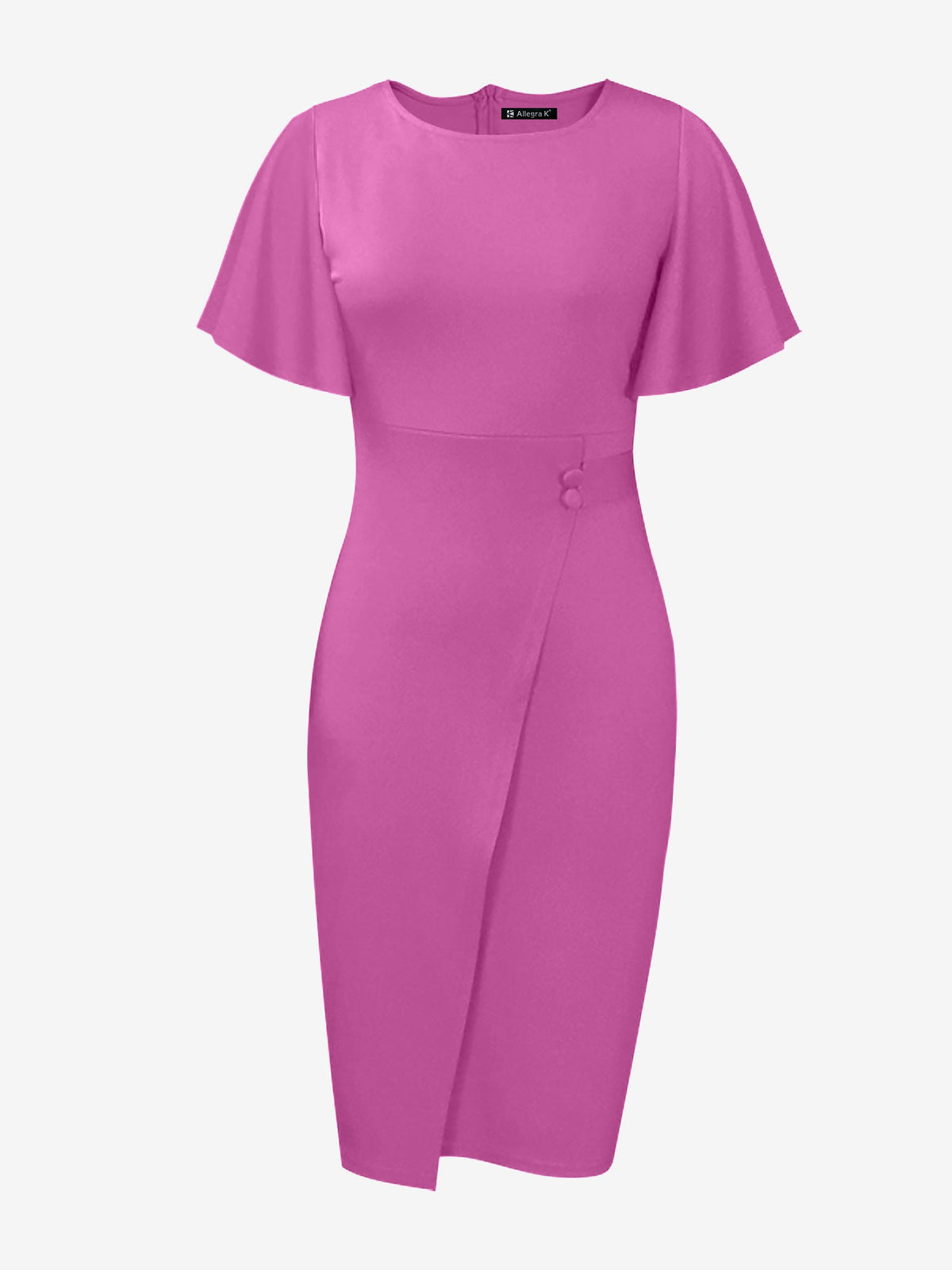 Elegant Flutter Ruffles Short Sleeves Solid Color Midi Slim Sheath Office Dress