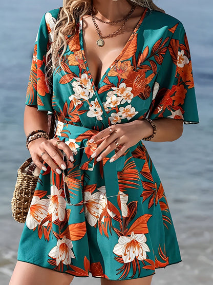 Floral Short Sleeves V Neck Tie Waist Beach Rompers