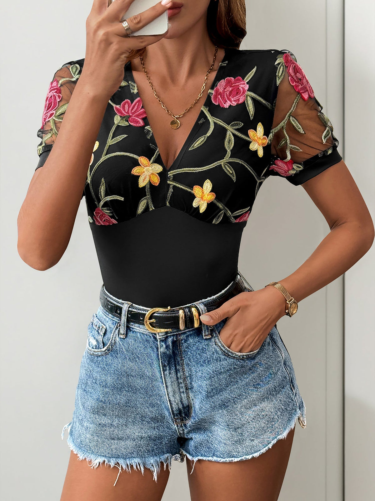 V Neck Embroidered Floral Short Sleeves Bodysuit
