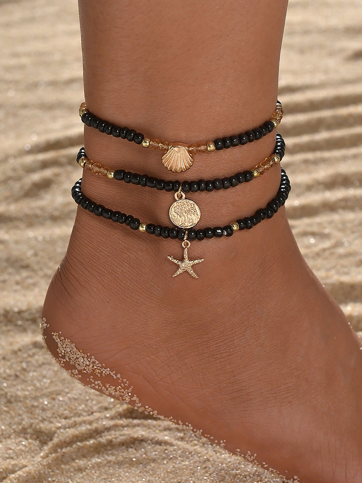 Rust-Resistant Ocean Style Alloy Pendant Beaded Adjustable Anklet Set