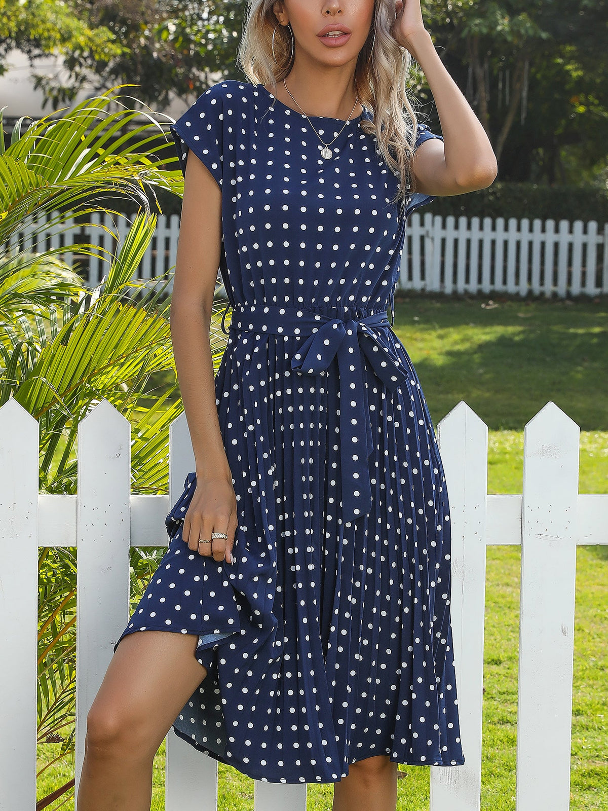 Retro-Chic Short Sleeves Polka All-Over Dot Pleated Belted Midi Casual Dress