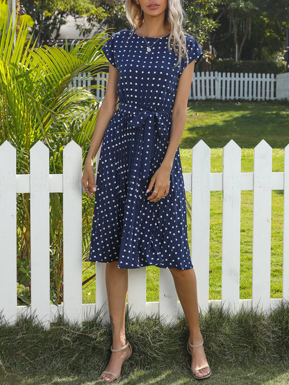 Retro-Chic Short Sleeves Polka All-Over Dot Pleated Belted Midi Casual Dress