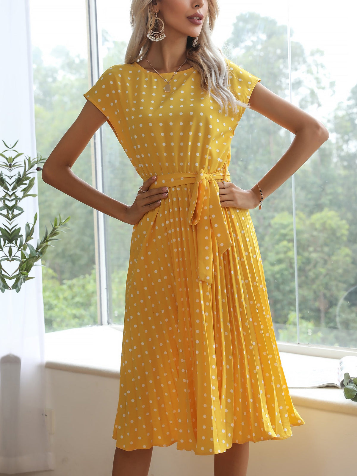 Retro-Chic Short Sleeves Polka All-Over Dot Pleated Belted Midi Casual Dress