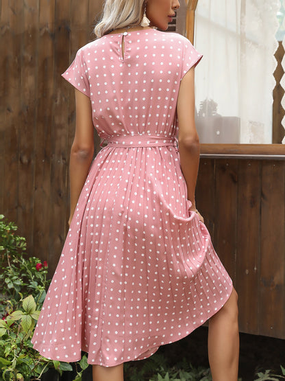 Retro-Chic Short Sleeves Polka All-Over Dot Pleated Belted Midi Casual Dress