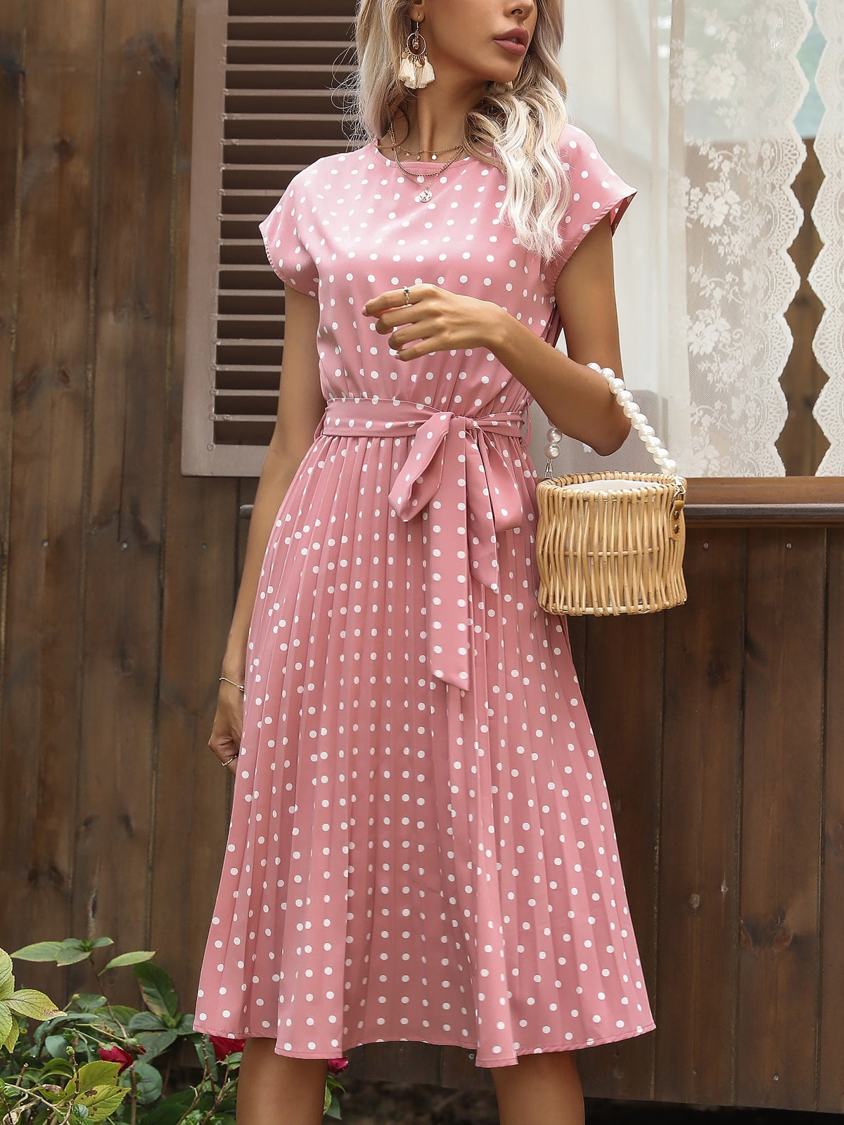 Retro-Chic Short Sleeves Polka All-Over Dot Pleated Belted Midi Casual Dress
