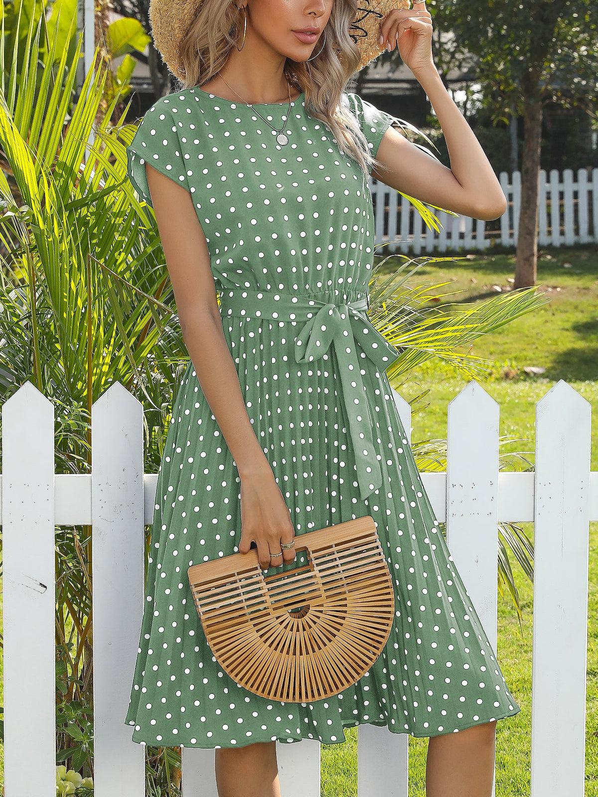 Retro-Chic Short Sleeves Polka All-Over Dot Pleated Belted Midi Casual Dress