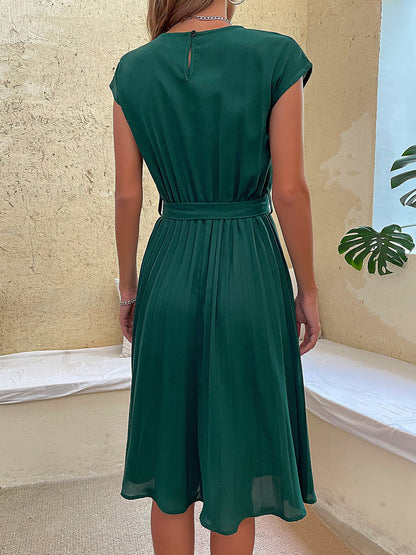 Classic A-Line Short Sleeves Solid Color Belted Pleated Midi Casual Dress