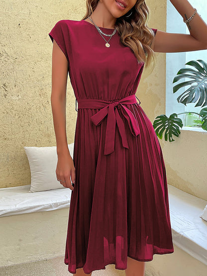 Classic A-Line Short Sleeves Solid Color Belted Pleated Midi Casual Dress