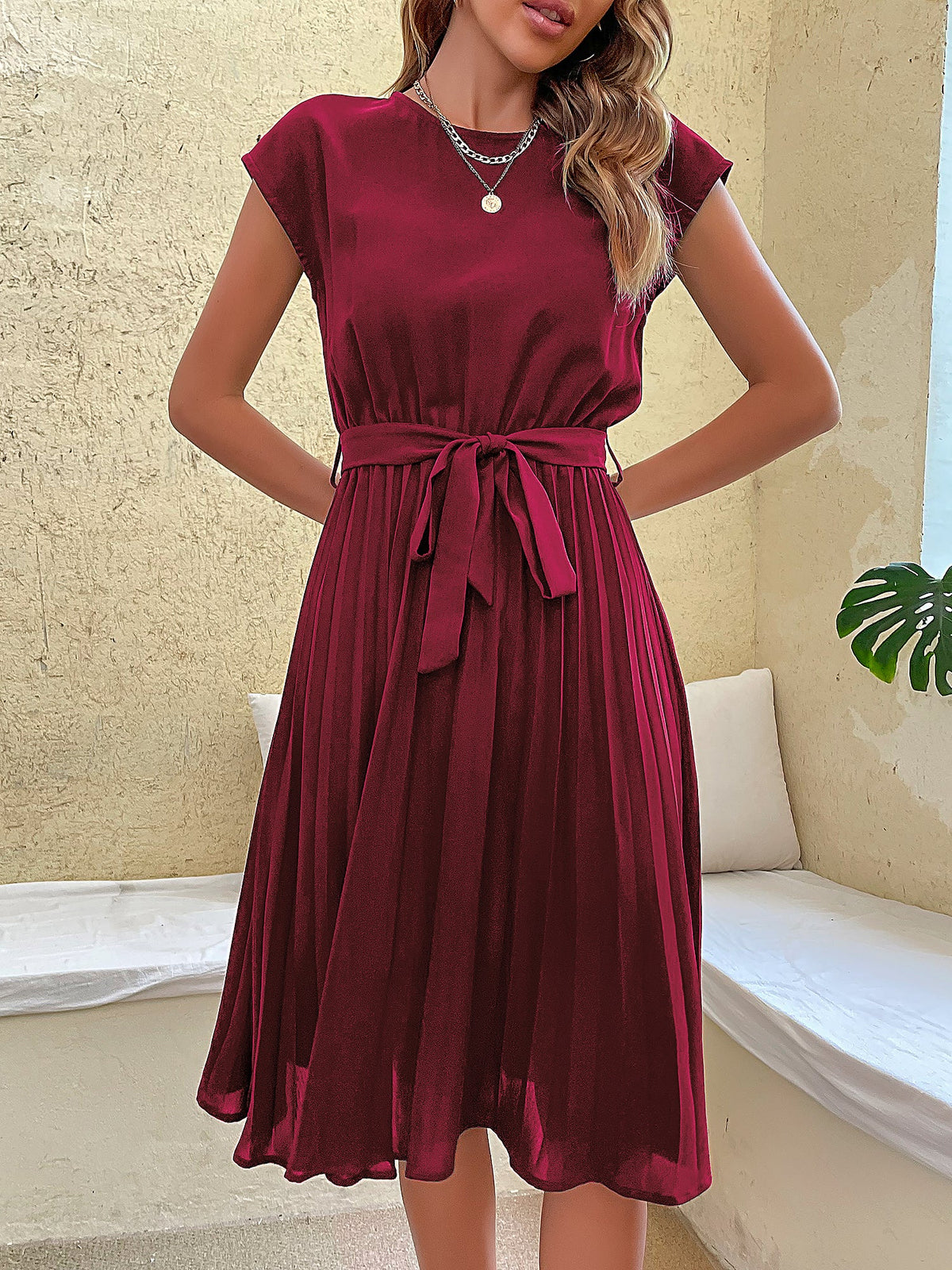 Classic A-Line Short Sleeves Solid Color Belted Pleated Midi Casual Dress
