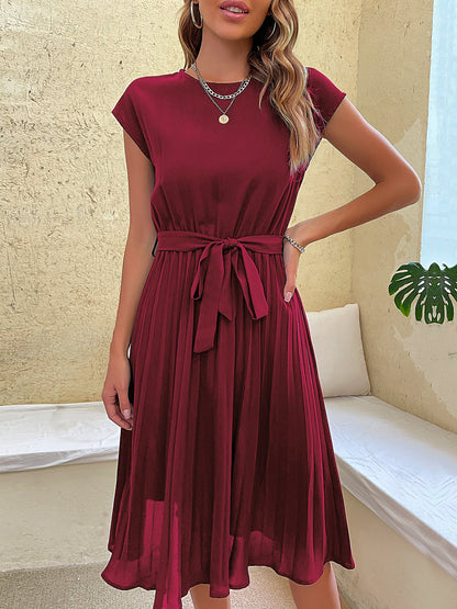 Classic A-Line Short Sleeves Solid Color Belted Pleated Midi Casual Dress