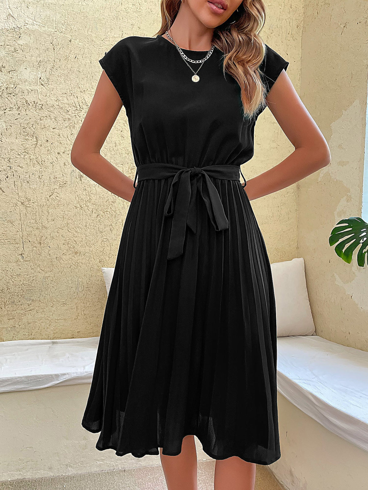 Classic A-Line Short Sleeves Solid Color Belted Pleated Midi Casual Dress