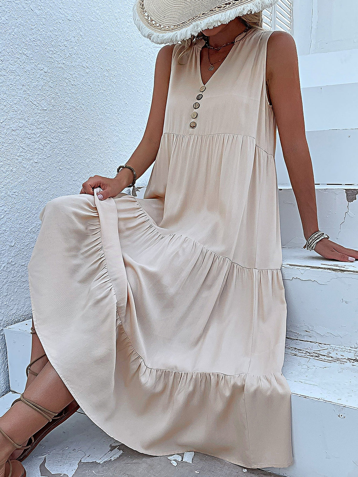 Notch Neck Buttoned Sleeveless Tiered Midi Dress